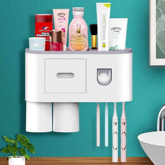 Hayzbao 1Set Wall Mounted Toothbrush Holder for Bathroom, Automatic Toothpaste Dispenser Squeezer Kit, with 4 Toothbrush Slots, 2 Cups and Drawer, Bathroom Accessories, Bathroom Storage and Organization